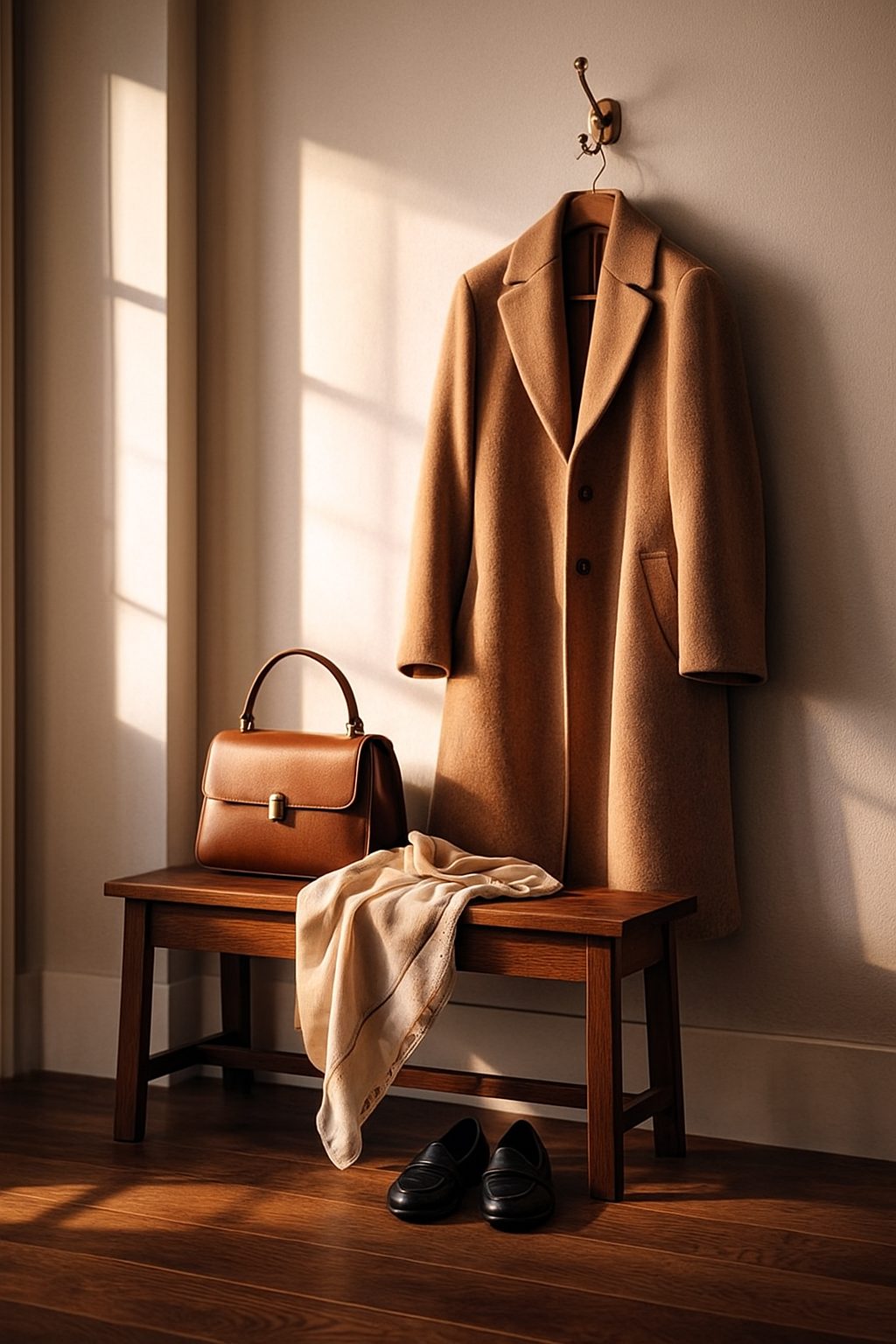 Camel coat, bench, bag, and loafers in warm light. Do You Really Need New Clothes Every Season?