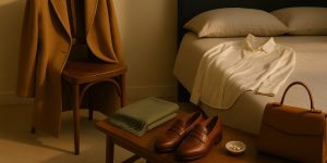 Warm quiet-luxury wardrobe scene with a camel coat, silk blouse, loafers, and a green scarf in soft evening light, showing lasting personal style.