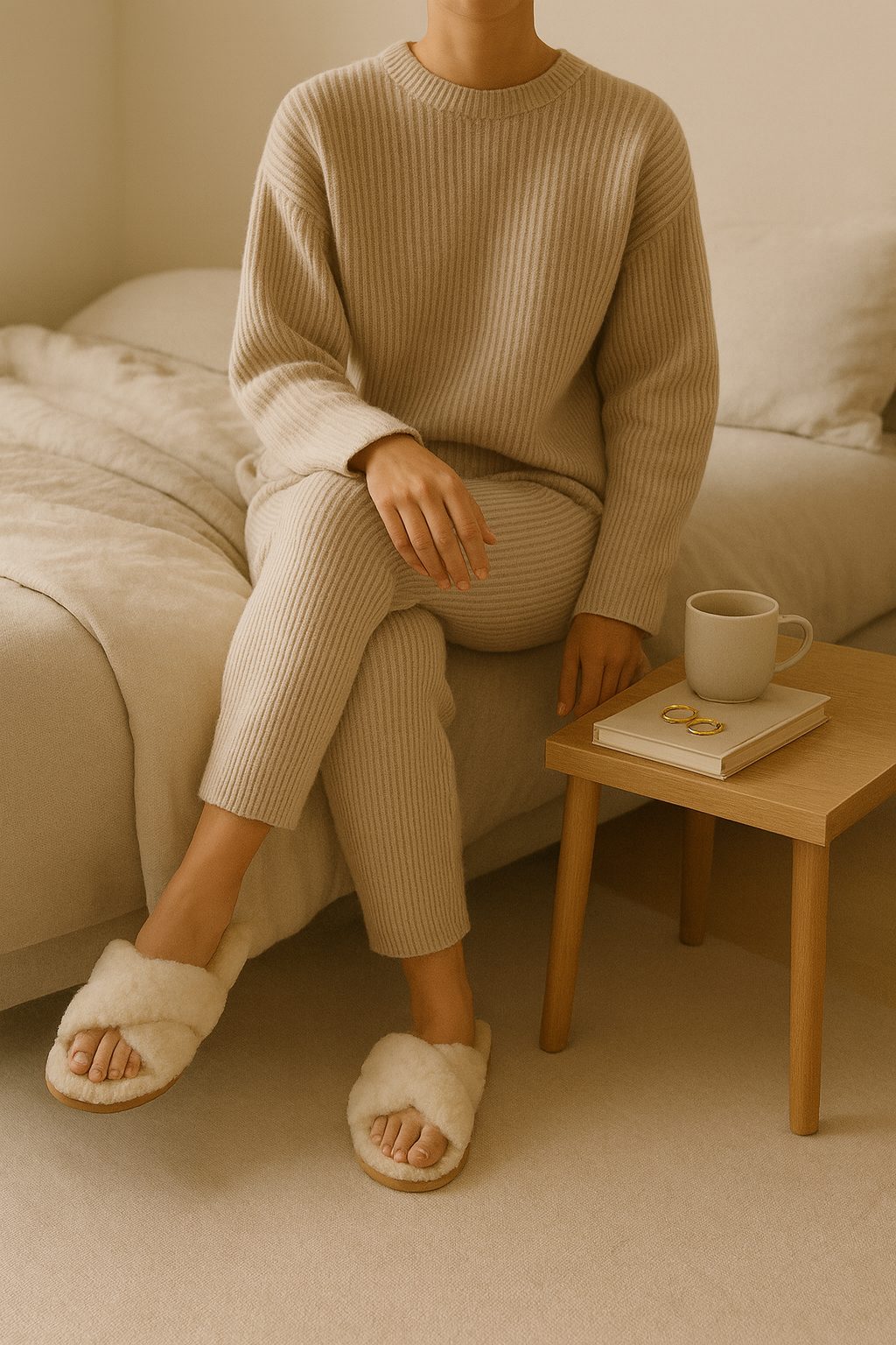 Ribbed knit set with shearling slides and gold hoops for Elegant Christmas Day Outfits.