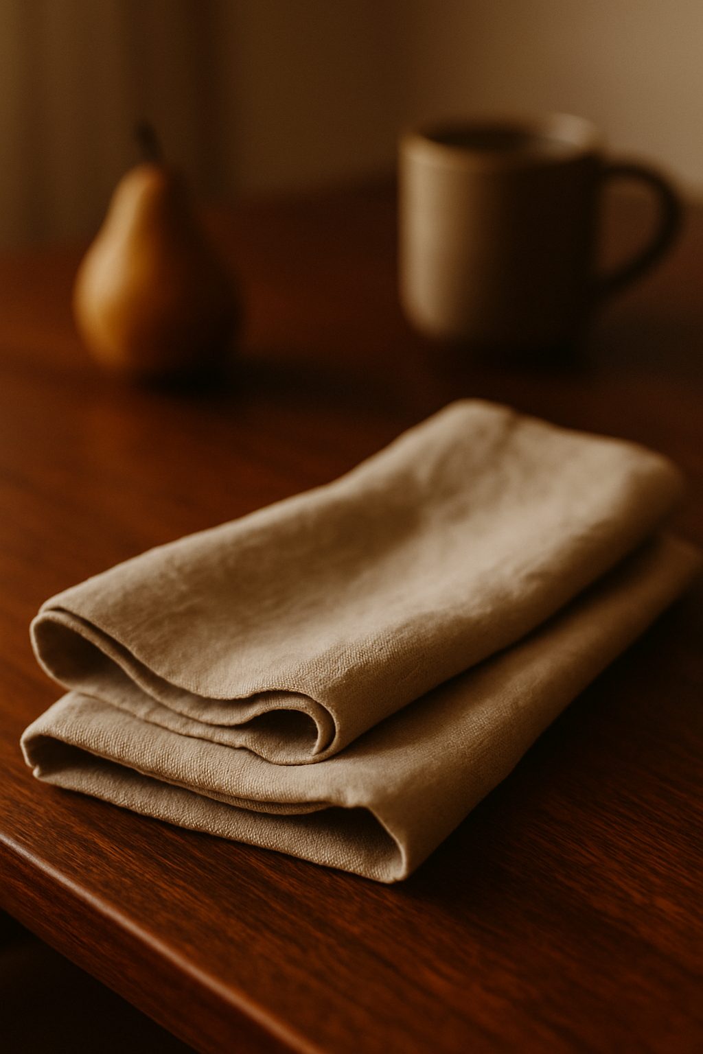 Soft linen napkins and placemats on a walnut table for Elegant Gifts for the Home Lover.