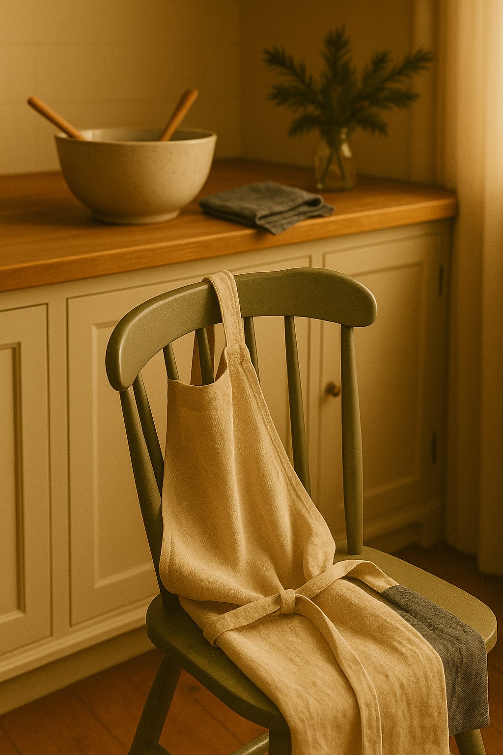 Linen kitchen apron hanging on a wooden peg, a useful Elegant Gifts for the Home Lover pick.