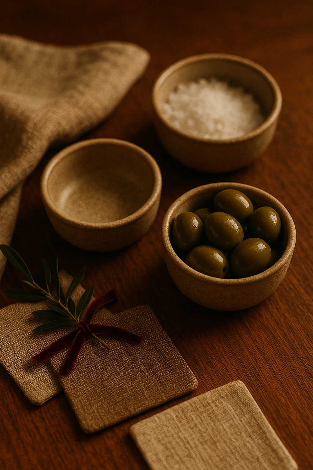 Three ceramic pinch bowls with snacks on a wooden board for Elegant Gifts for the Home Lover.