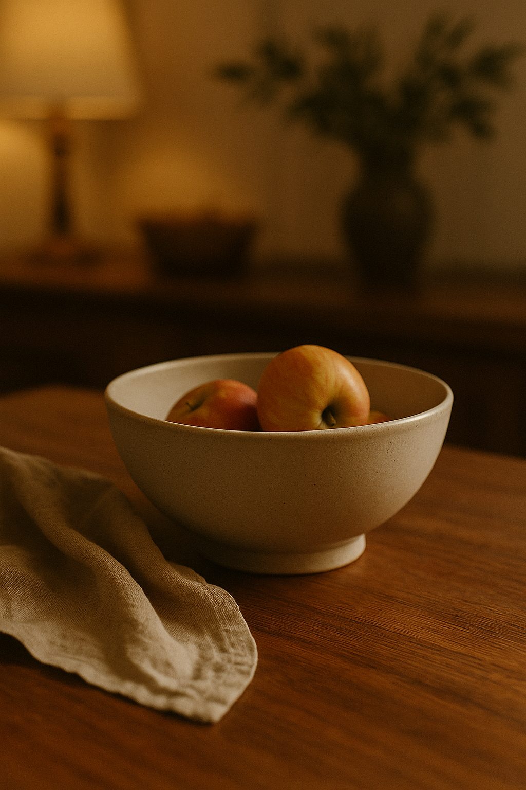 Cream ceramic serving bowl on linen with fruit, an Elegant Gifts for the Home Lover idea.