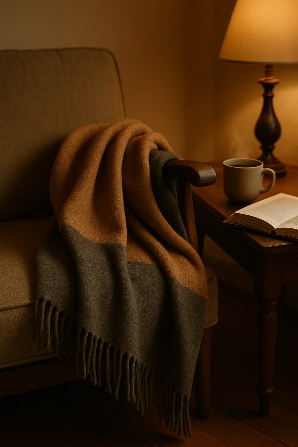 Cozy wool throw on a sofa with tea, a warm Elegant Gifts for the Home Lover moment.
