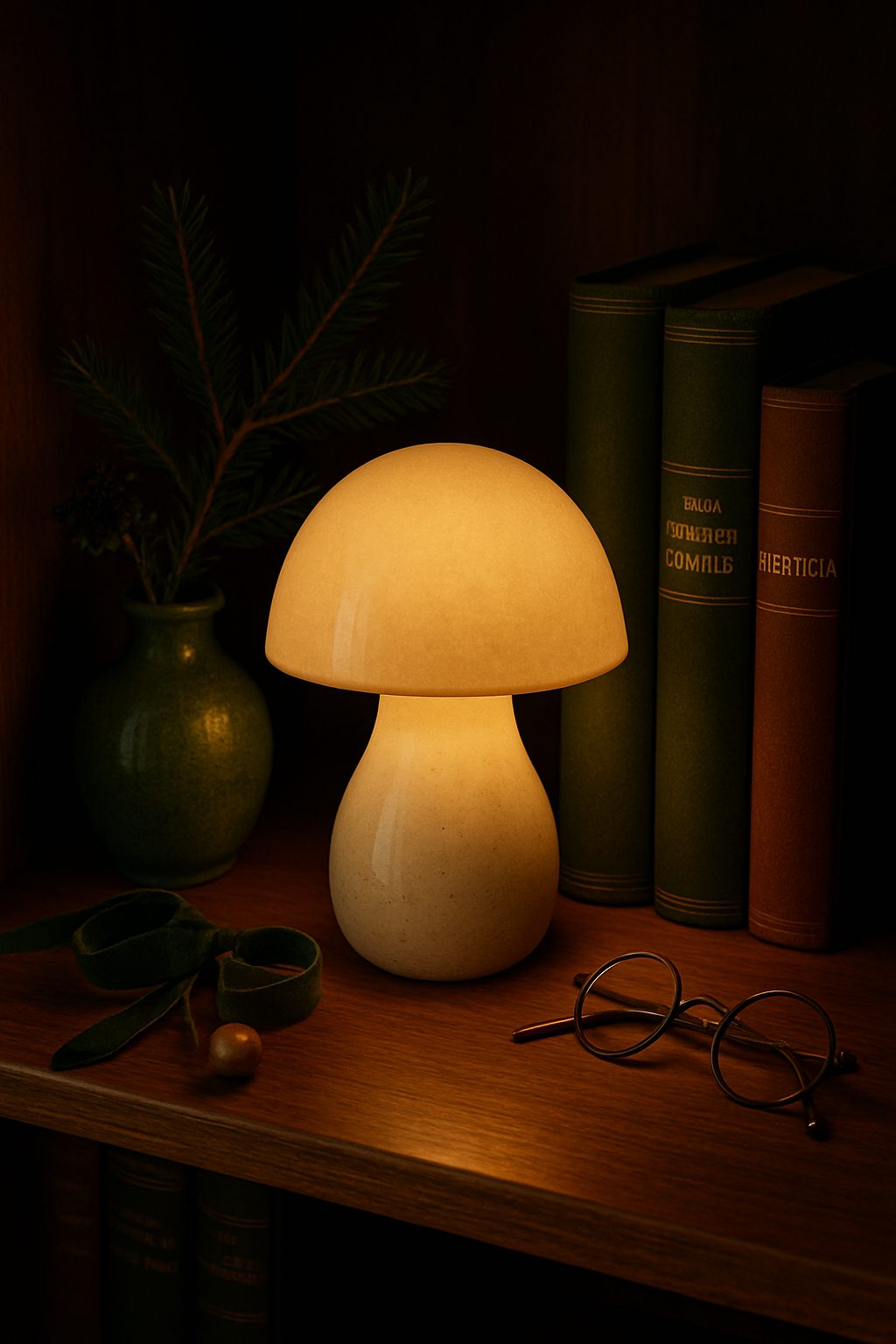 Small mushroom lamp glowing softly on a bookshelf, Elegant Gifts for the Home Lover.