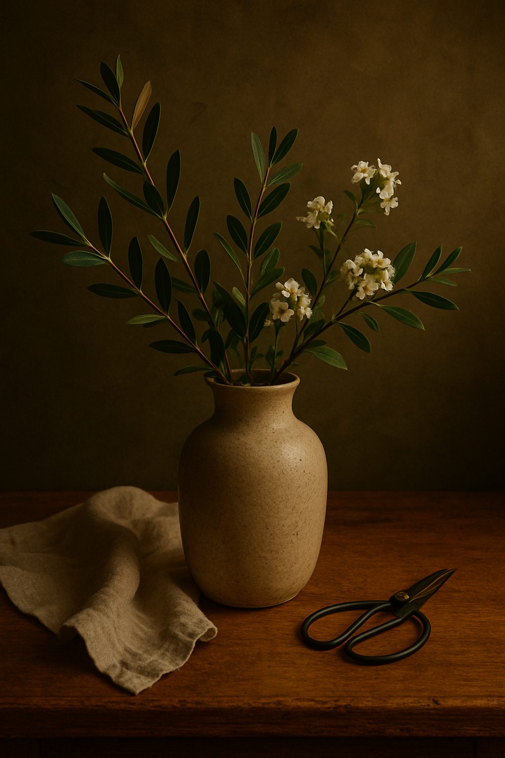 Neutral vase with simple stems on a console table for Elegant Gifts for the Home Lover.