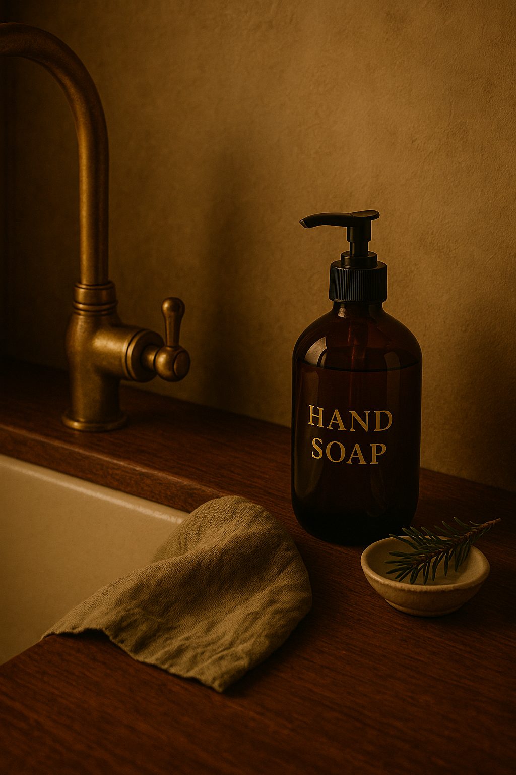 Amber hand soap and white towel by a clean sink, an Elegant Gifts for the Home Lover idea.