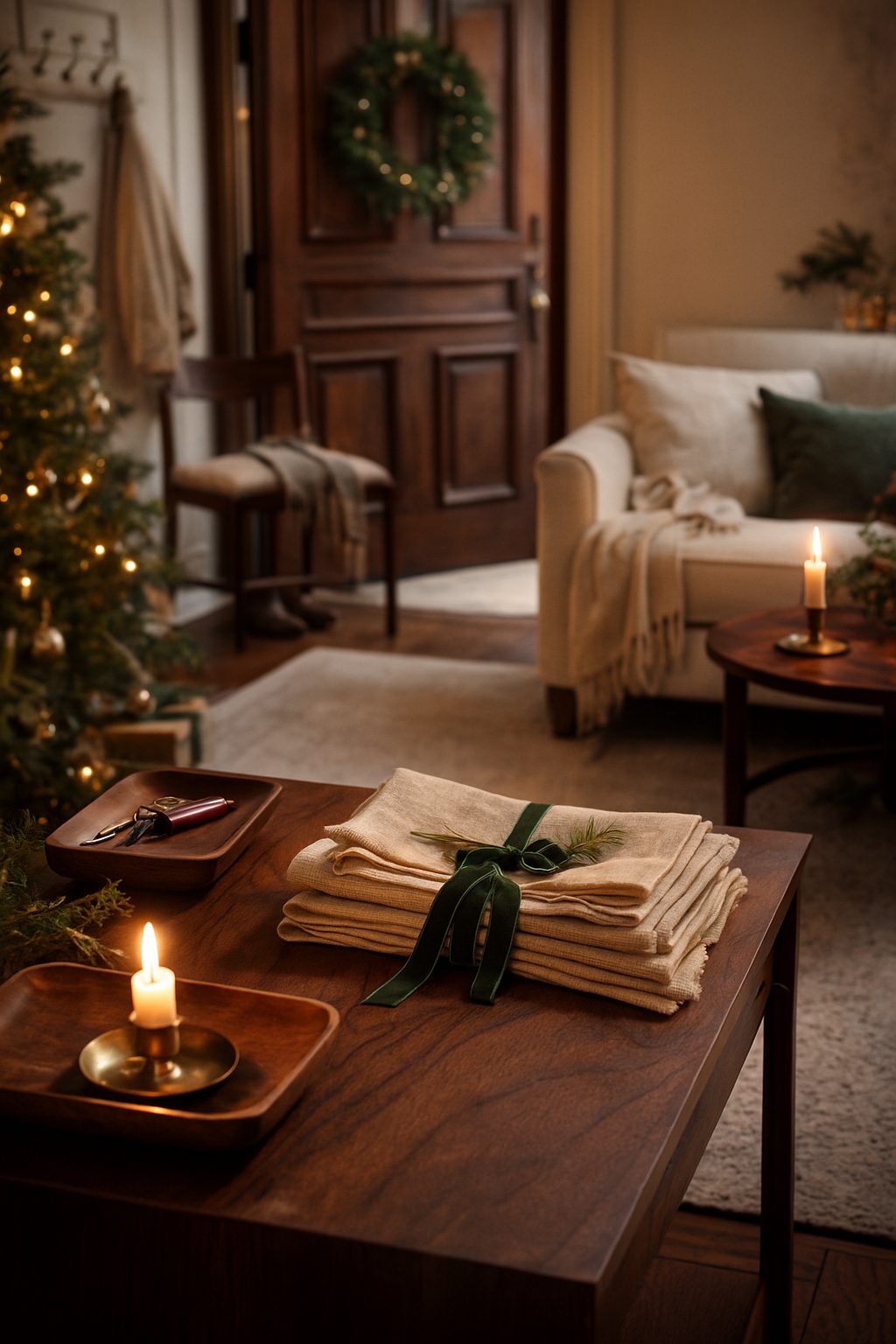 A warm living room styled with soft lighting, folded linens, and quiet luxury touches for Elegant Holiday Party Etiquette & Hosting Tips.