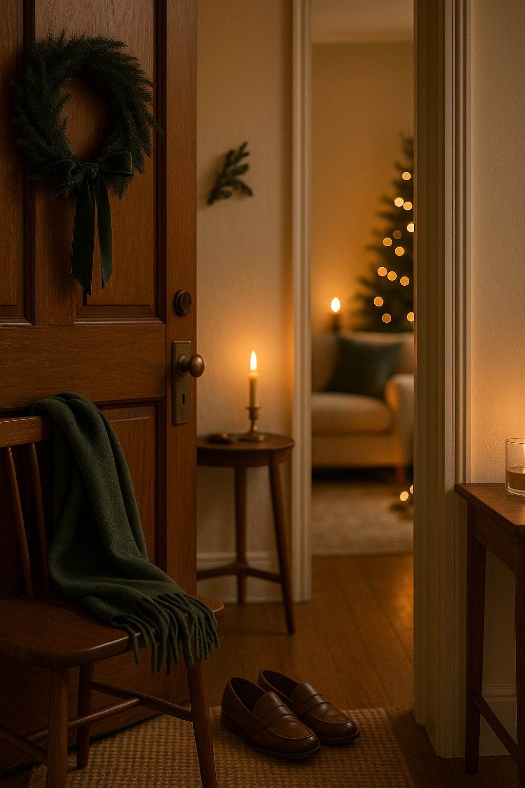 A softly lit entryway with a warm glow and welcoming holiday details, capturing Elegant Holiday Party Etiquette & Hosting Tips.