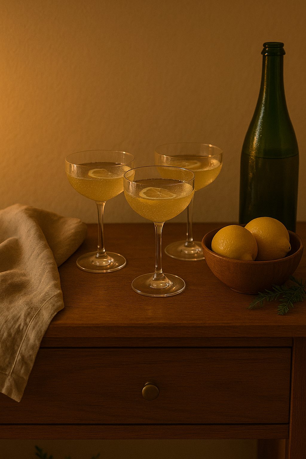 A cozy drink station with citrus, glassware, and warm lighting, styled for Elegant Holiday Party Etiquette & Hosting Tips.