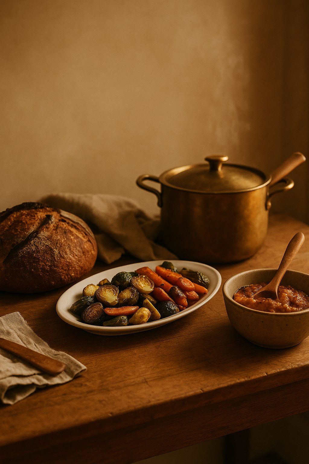 A simple holiday meal setup with rustic bread, warm dishes, and calm textures for Elegant Holiday Party Etiquette & Hosting Tips.