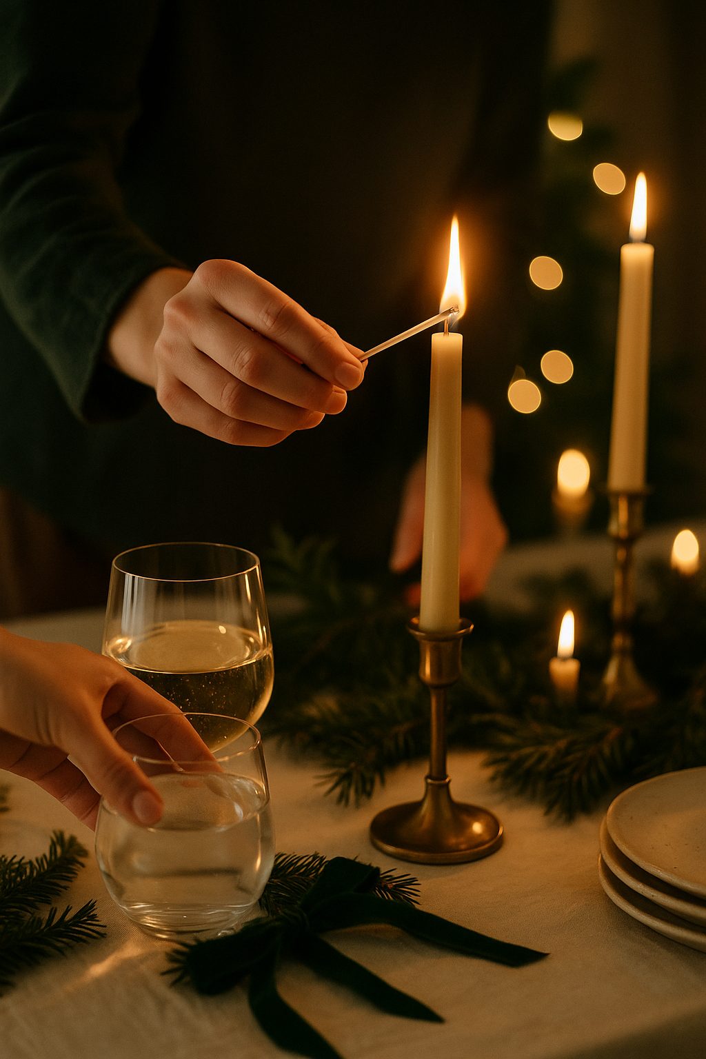 A close-up of hands helping with candles and plates, showing shared moments in Elegant Holiday Party Etiquette & Hosting Tips.