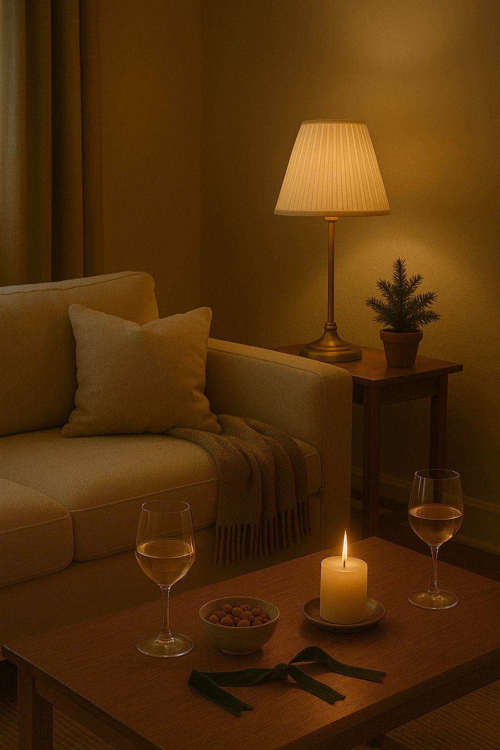 A cozy holiday seating area with soft lighting, wine glasses, and a wool throw for Elegant Holiday Party Etiquette & Hosting Tips.