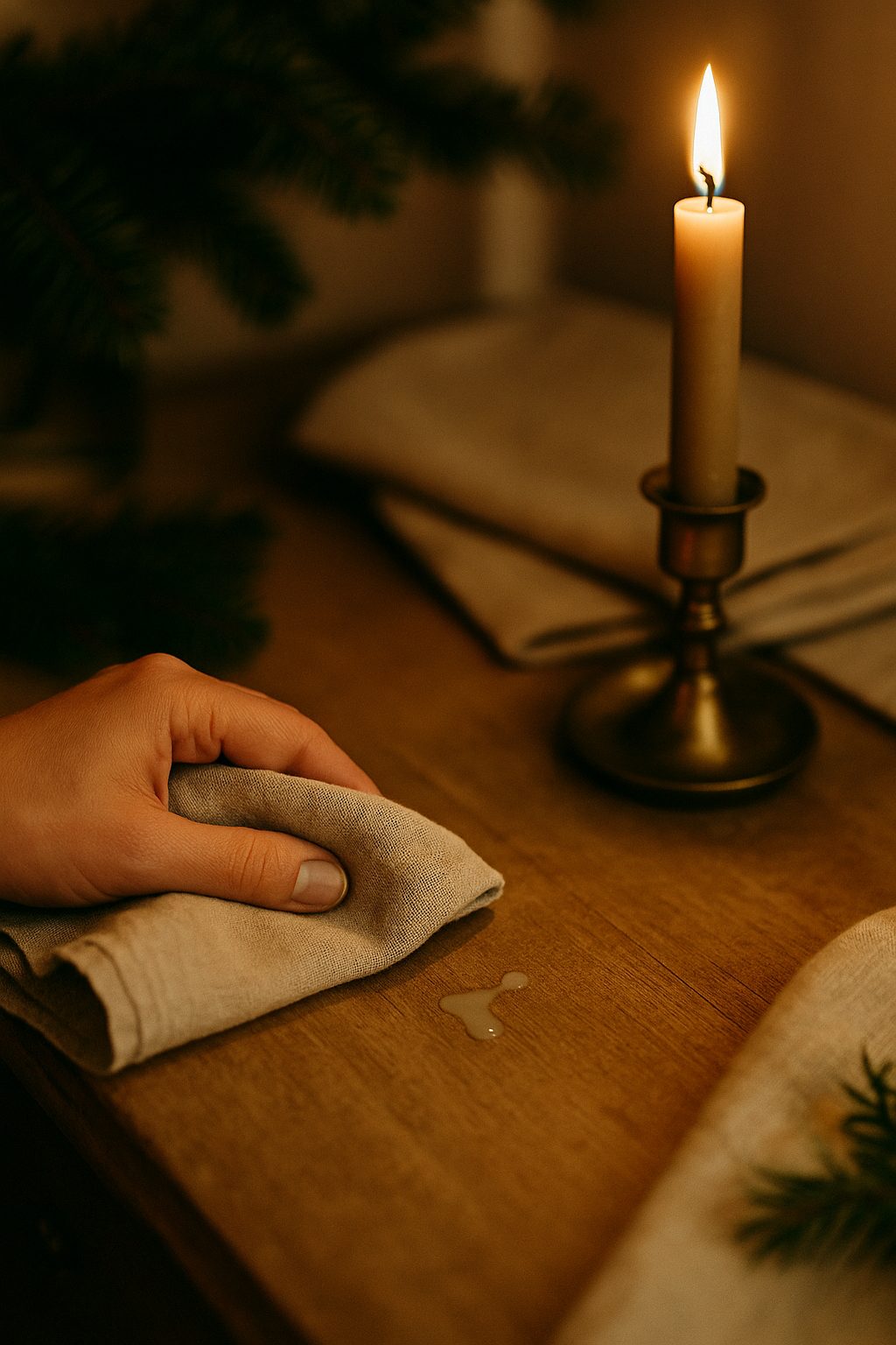 A gentle moment wiping a tiny spill on a linen table during Elegant Holiday Party Etiquette & Hosting Tips.