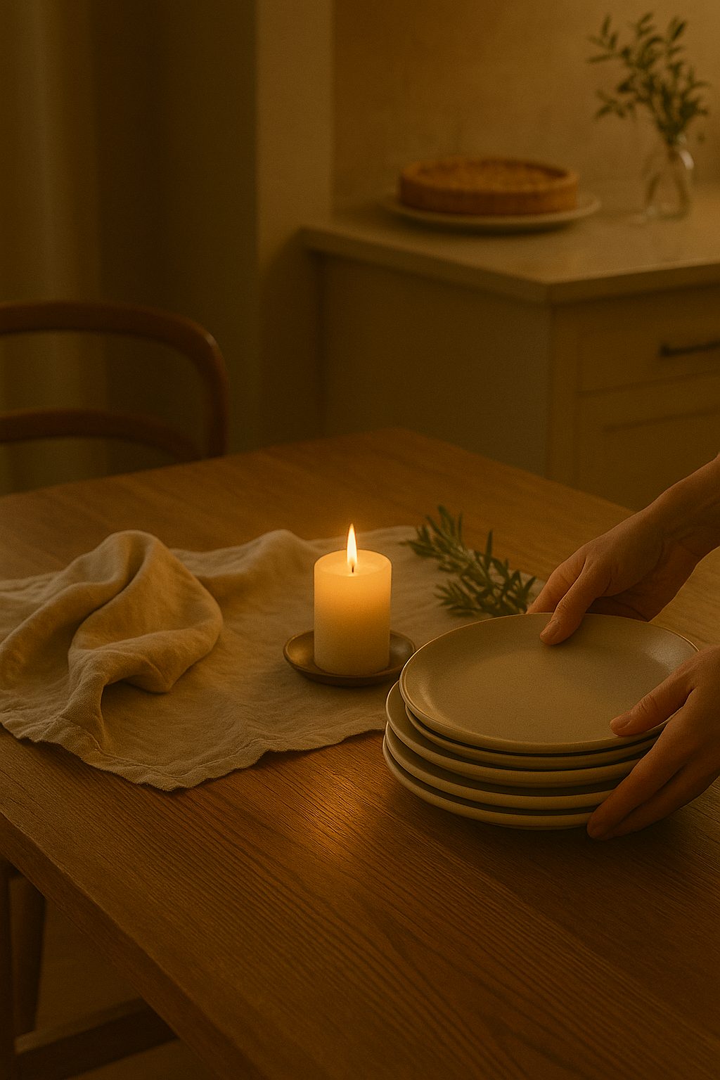 A dining table in mid-transition with plates gathered and warm candlelight for Elegant Holiday Party Etiquette & Hosting Tips.
