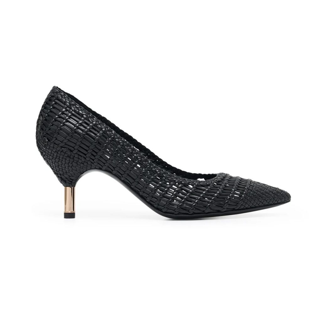 Black woven pointed-toe heel with a slim metallic mid-heel shown on a white background. Heels That Are Actually Comfortable and Elegant