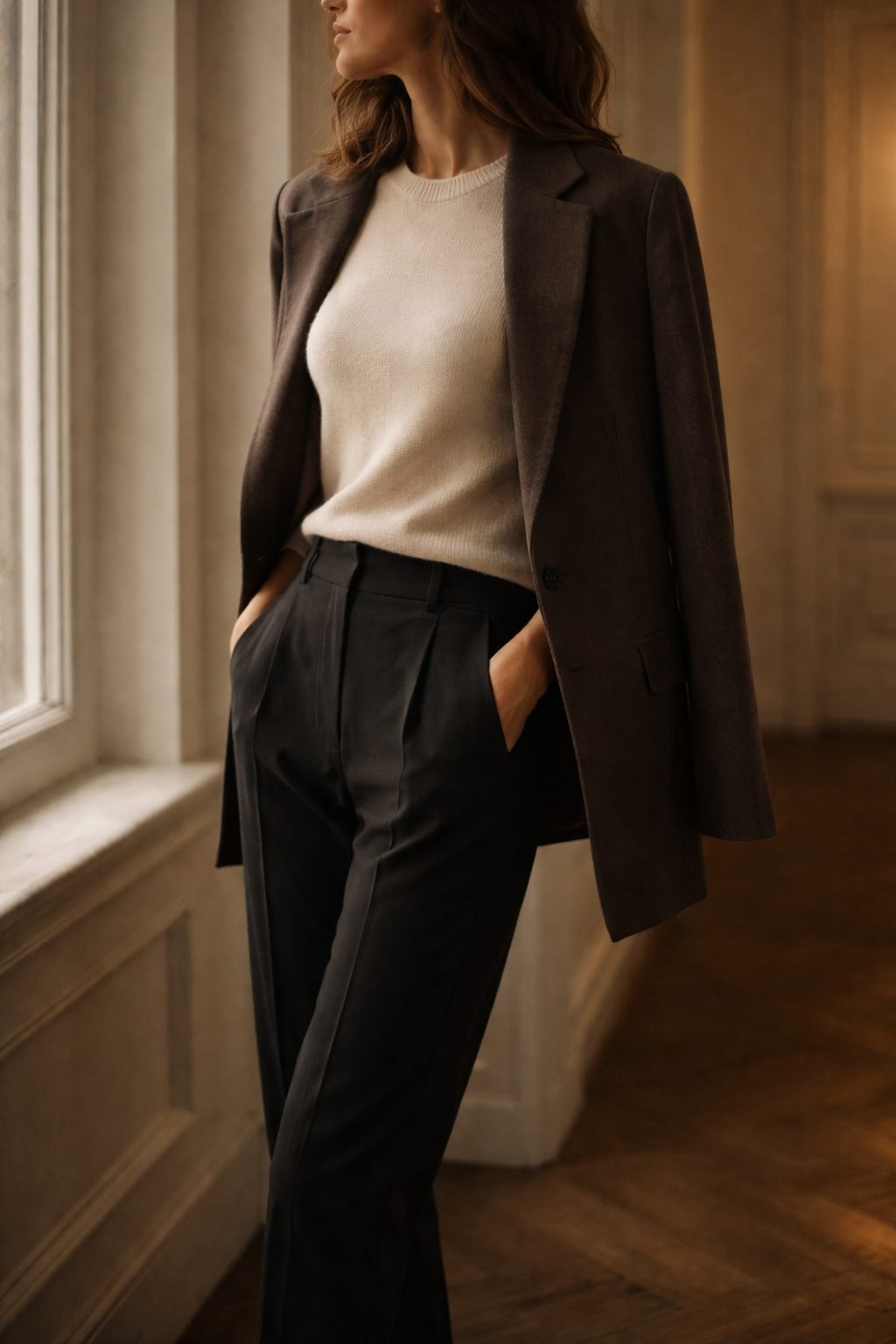 Woman in ivory knit and tailored black trousers, soft light highlighting silhouette, Old Money Capsule Wardrobe in 2026