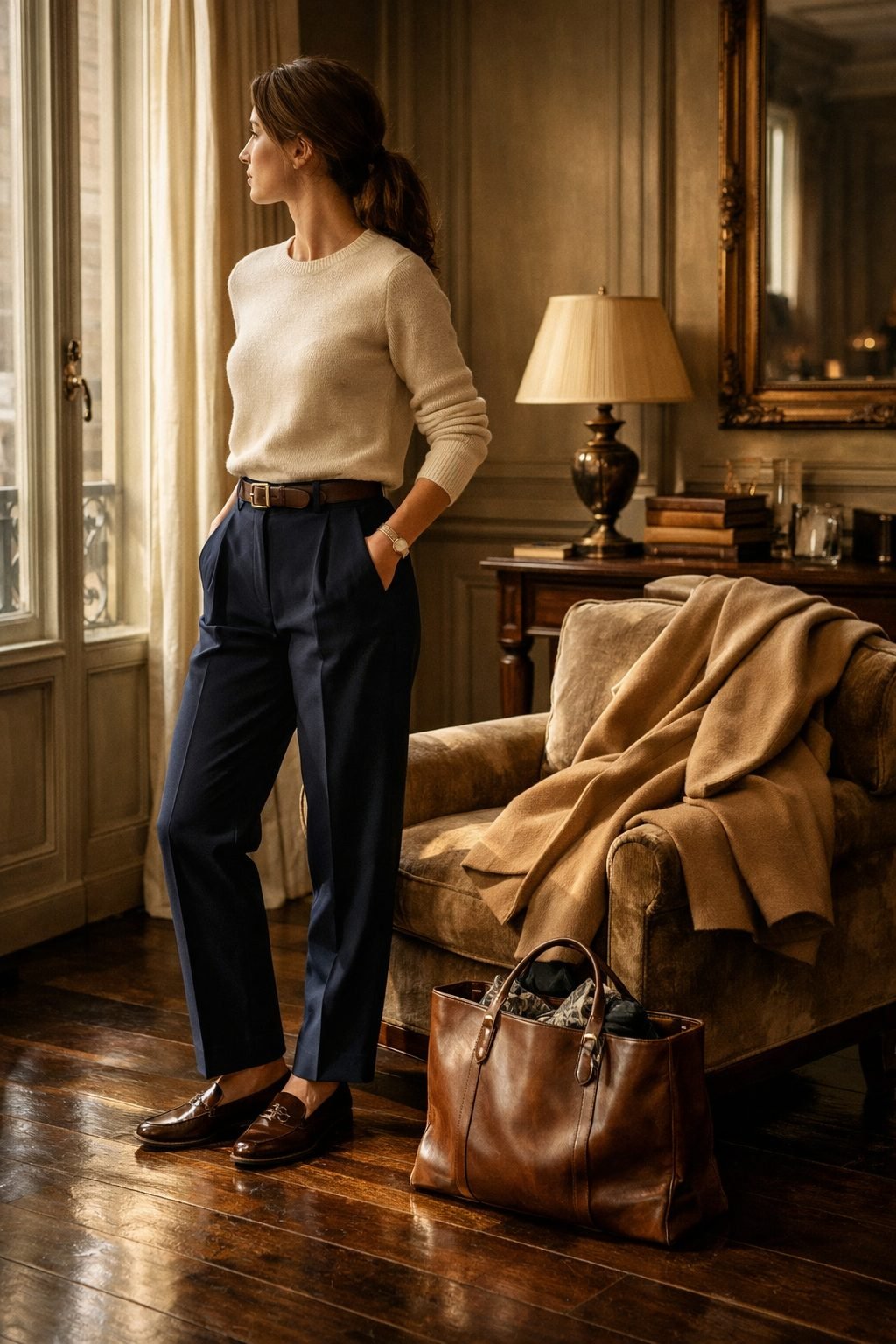 Woman standing by a window in knit and tailored trousers, relaxed elegance of an Old Money Capsule Wardrobe in 2026