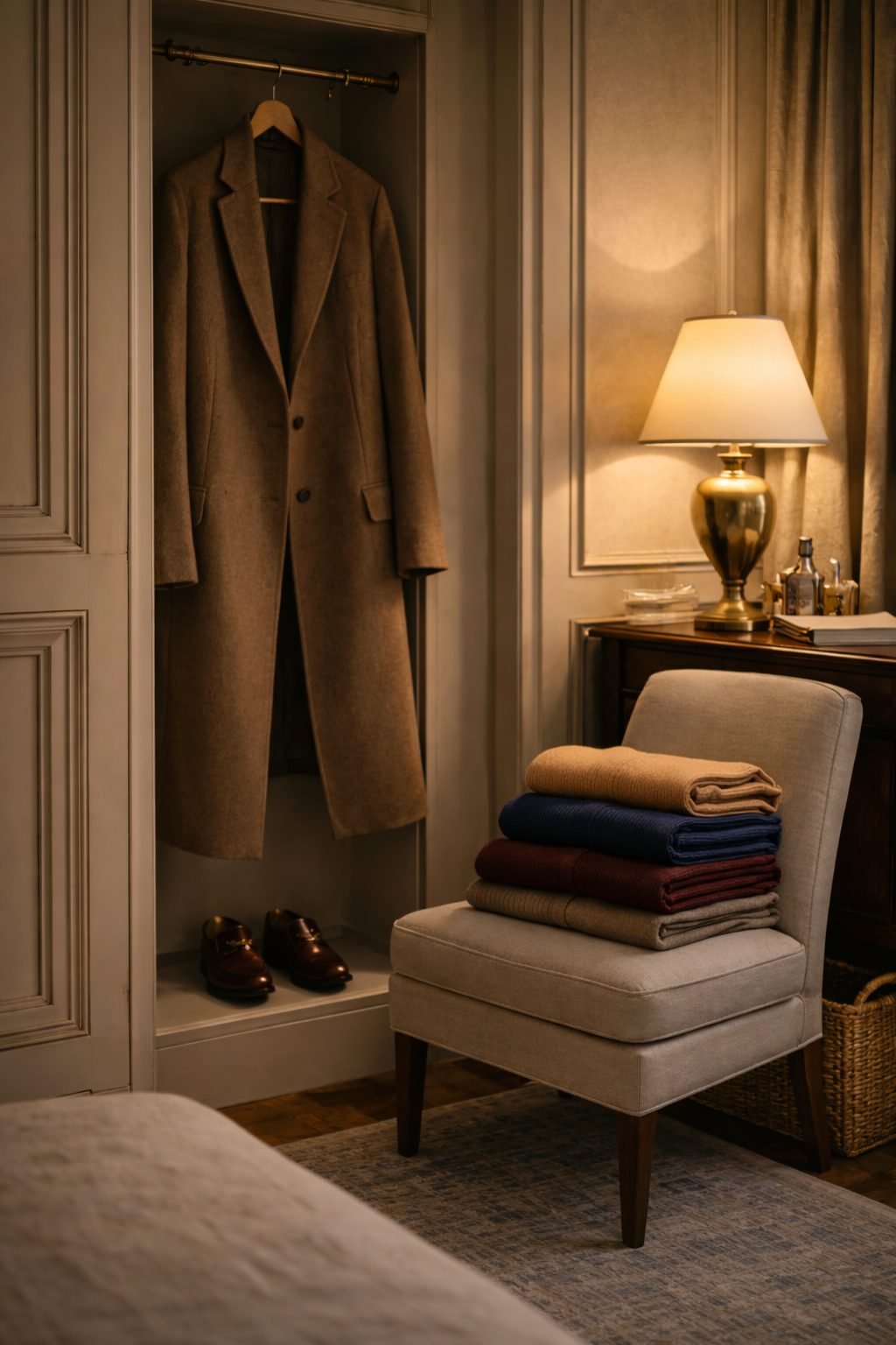 Neutral wool coat hanging neatly beside folded knits in a refined bedroom, part of an Old Money Capsule Wardrobe in 2026