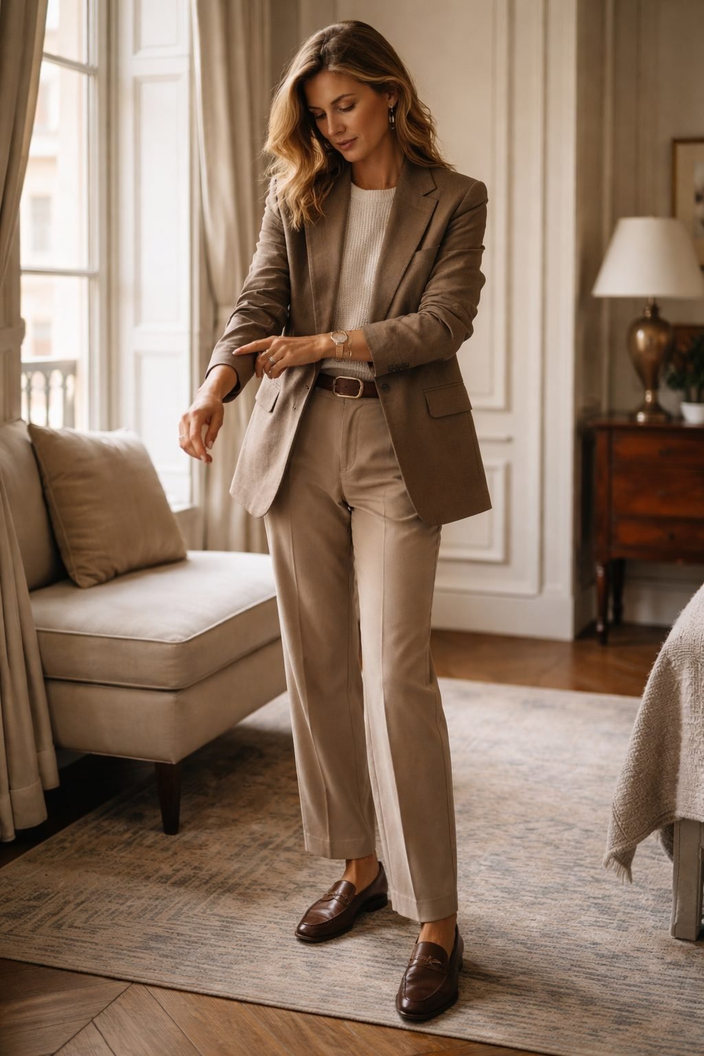 Woman adjusting blazer sleeves in a softly lit living room, calm dressing ritual in an Old Money Capsule Wardrobe in 2026