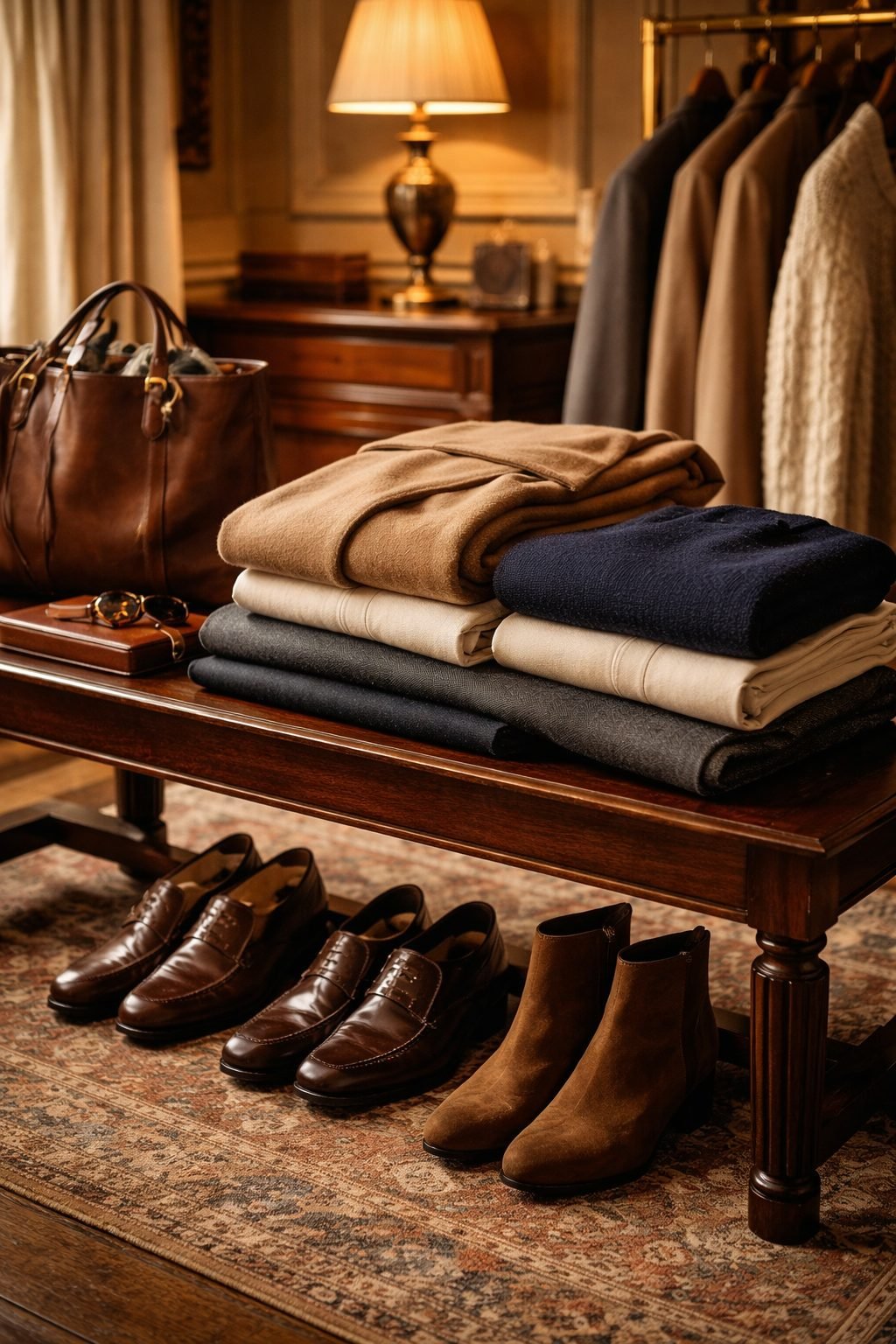 Curated table with folded knits, leather shoes, and structured bag representing an Old Money Capsule Wardrobe in 2026