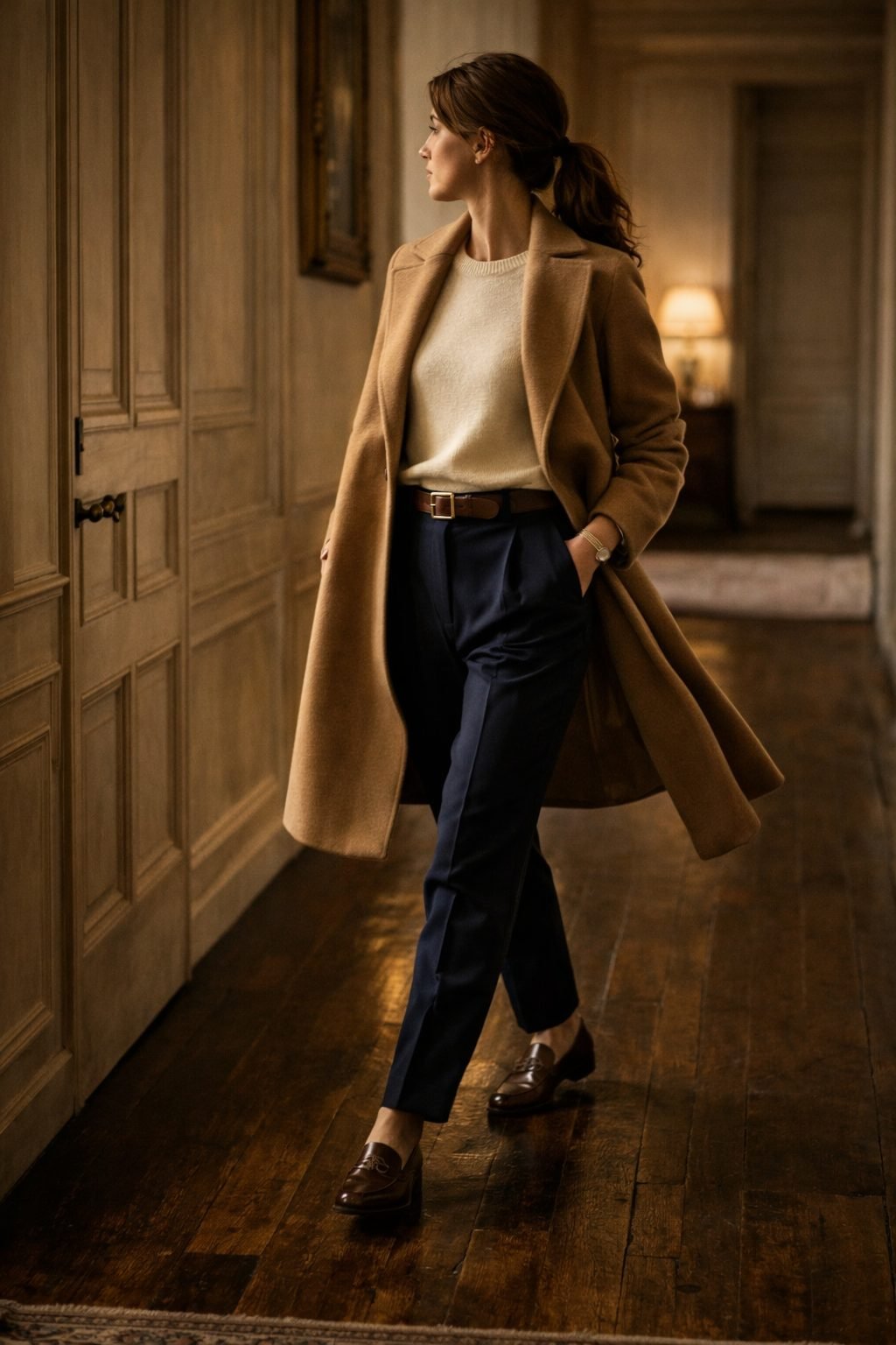 Woman walking through a paneled hallway in wool coat and trousers, timeless style from an Old Money Capsule Wardrobe in 2026