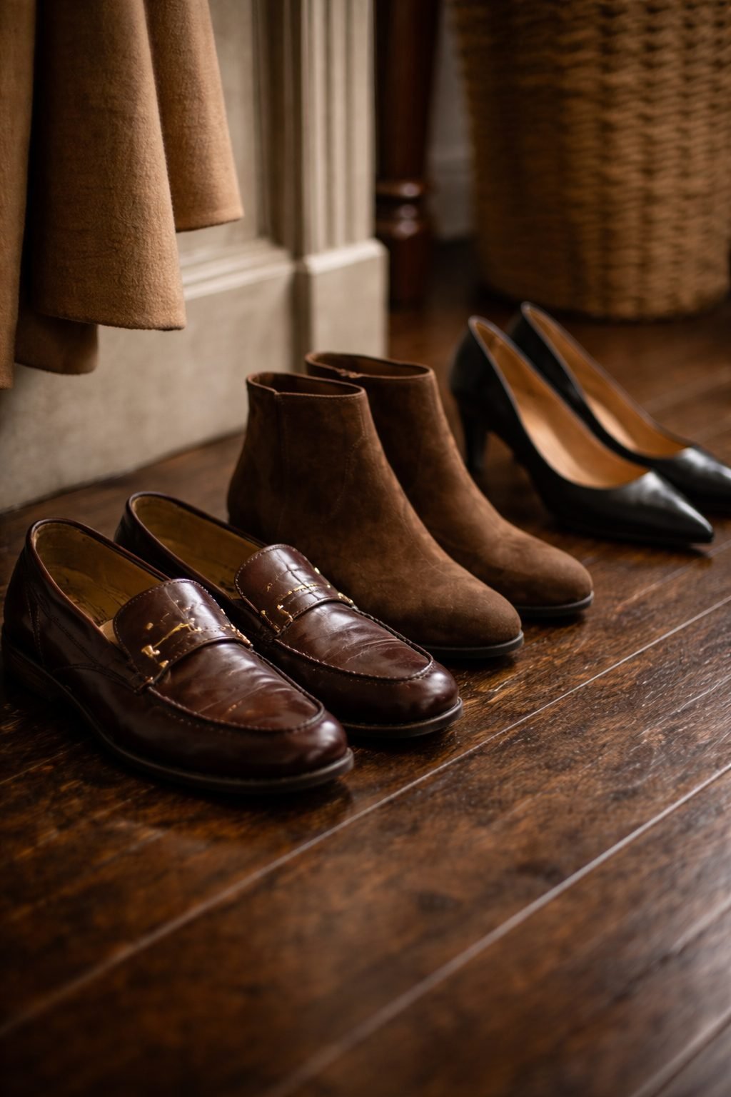 Worn leather loafers, ankle boots, and pumps on wood floors showing everyday wear in an Old Money Capsule Wardrobe in 2026