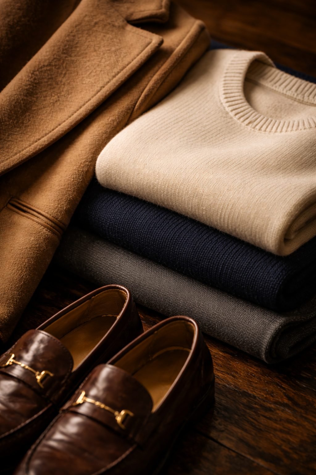Close up of folded knits, wool coat, and leather loafers highlighting texture in an Old Money Capsule Wardrobe in 2026