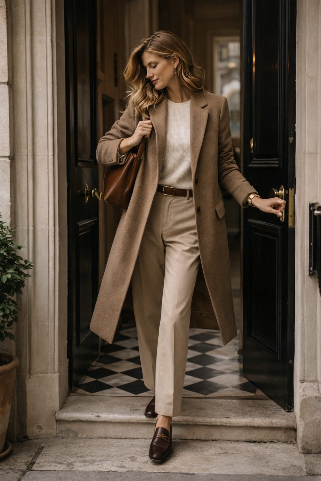Woman stepping outside in tailored trousers, wool coat, and loafers, classic look from an Old Money Capsule Wardrobe in 2026