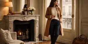 Classic interior with camel coat, navy trousers, and leather loafers reflecting an Old Money Capsule Wardrobe in 2026 lifestyle moment
