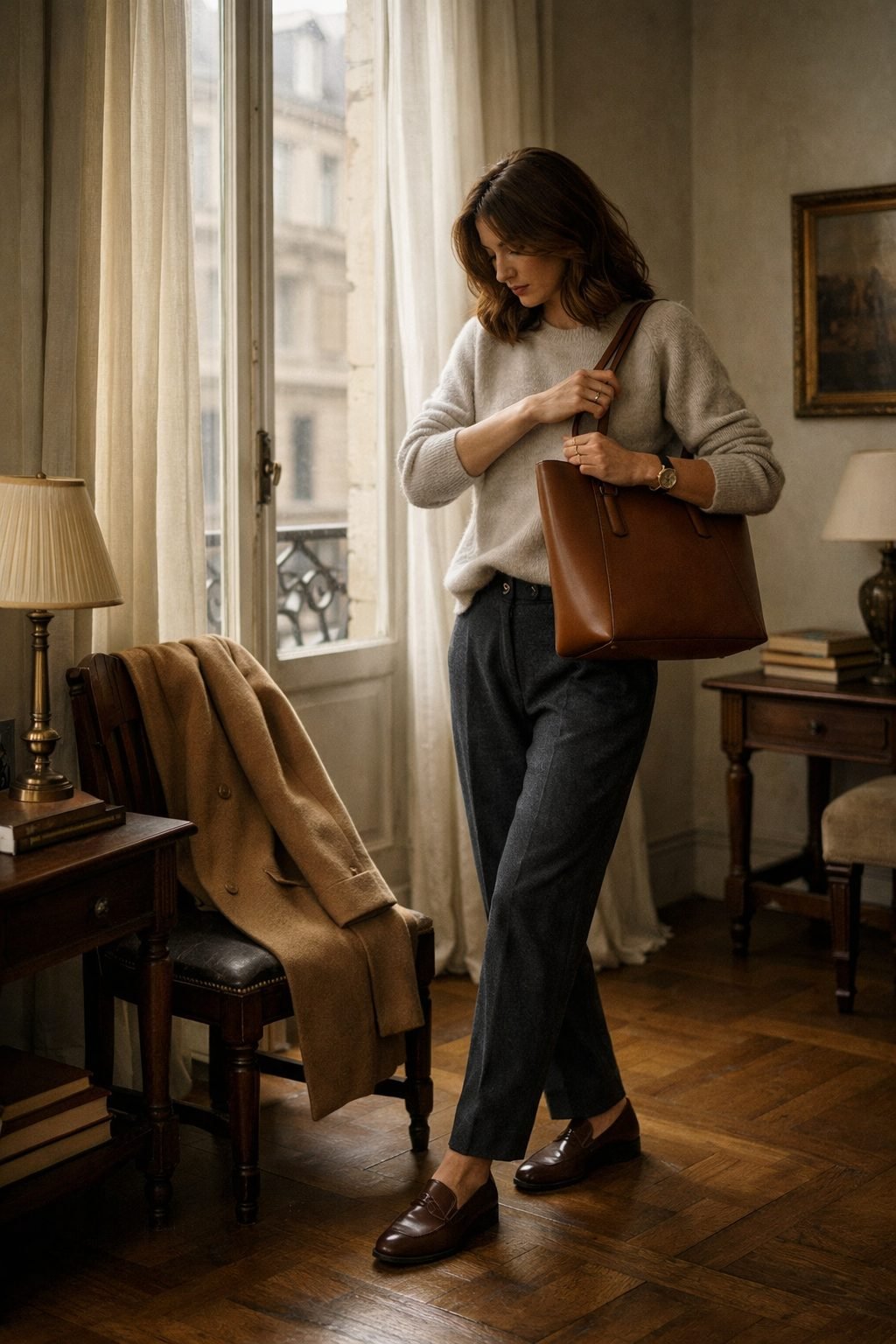 Woman adjusting leather tote in a refined interior, wearing tailored trousers and loafers, a polished take on How to Dress on a Plane