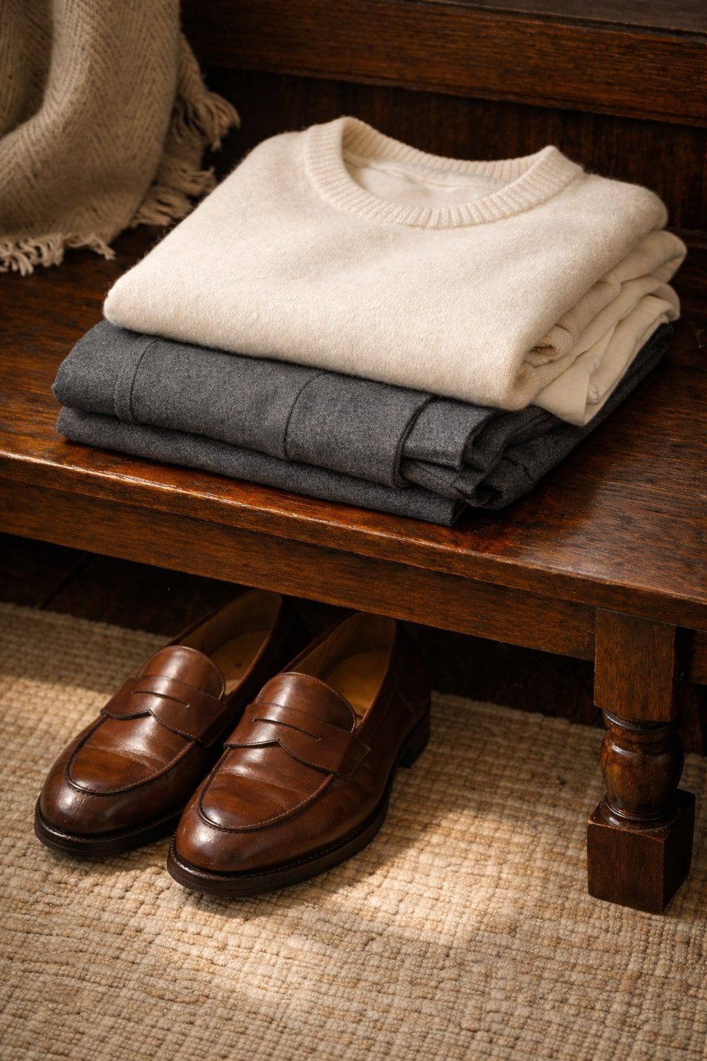 Folded knit and tailored trousers paired with classic loafers, illustrating timeless packing ideas for How to Dress on a Plane