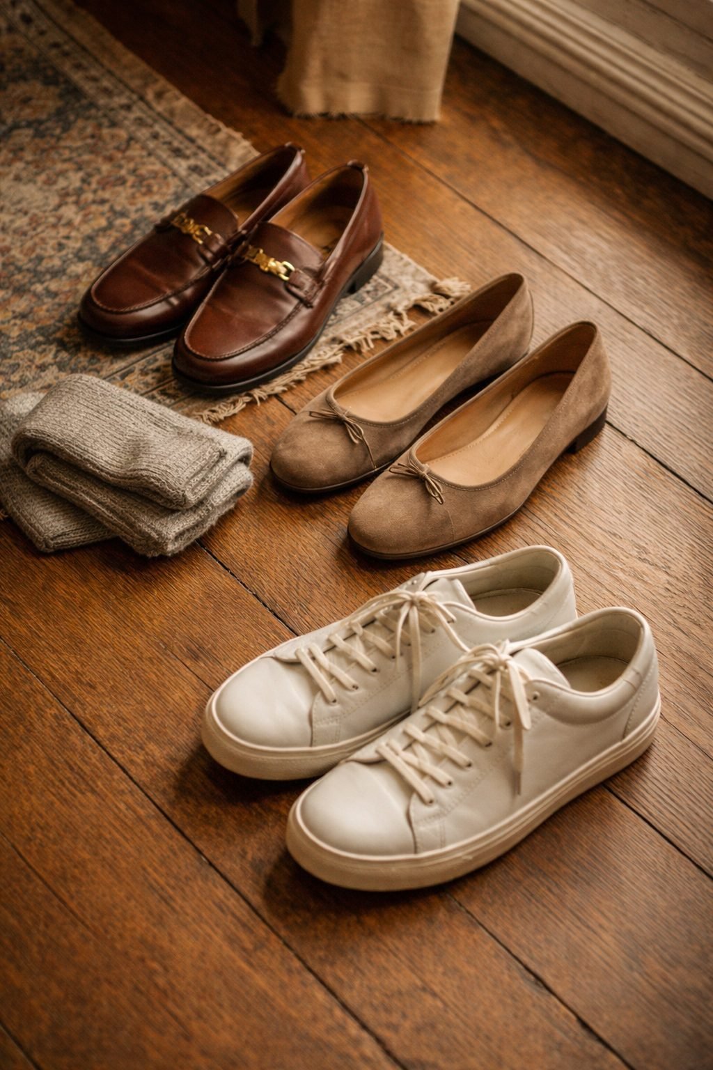 Loafers, flats, and white sneakers arranged for travel, highlighting versatile footwear choices for How to Dress on a Plane