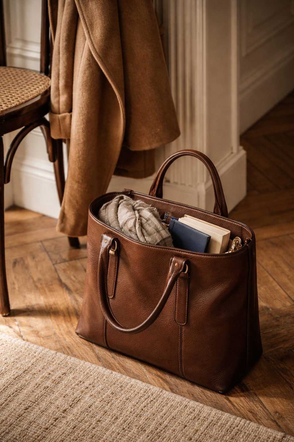 Structured leather tote with scarf and book packed neatly, showing practical elegance and How to Dress on a Plane thoughtfully