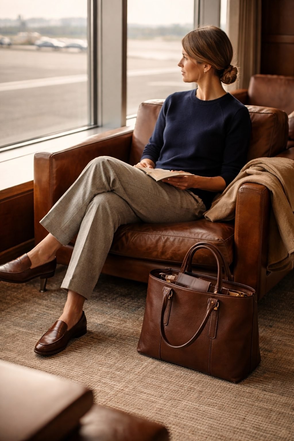 Polished woman waiting in an airport lounge wearing loafers and wool trousers, a calm example of How to Dress on a Plane