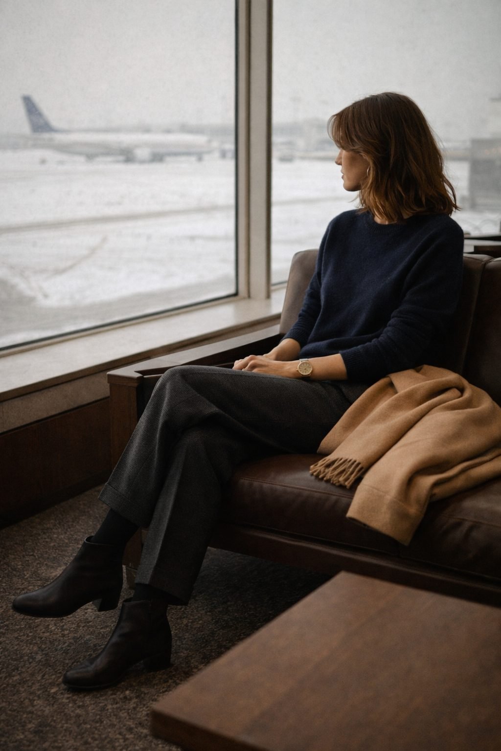 Woman seated in an airport lounge wearing wool trousers and a knit, a calm winter example of How to Dress on a Plane well
