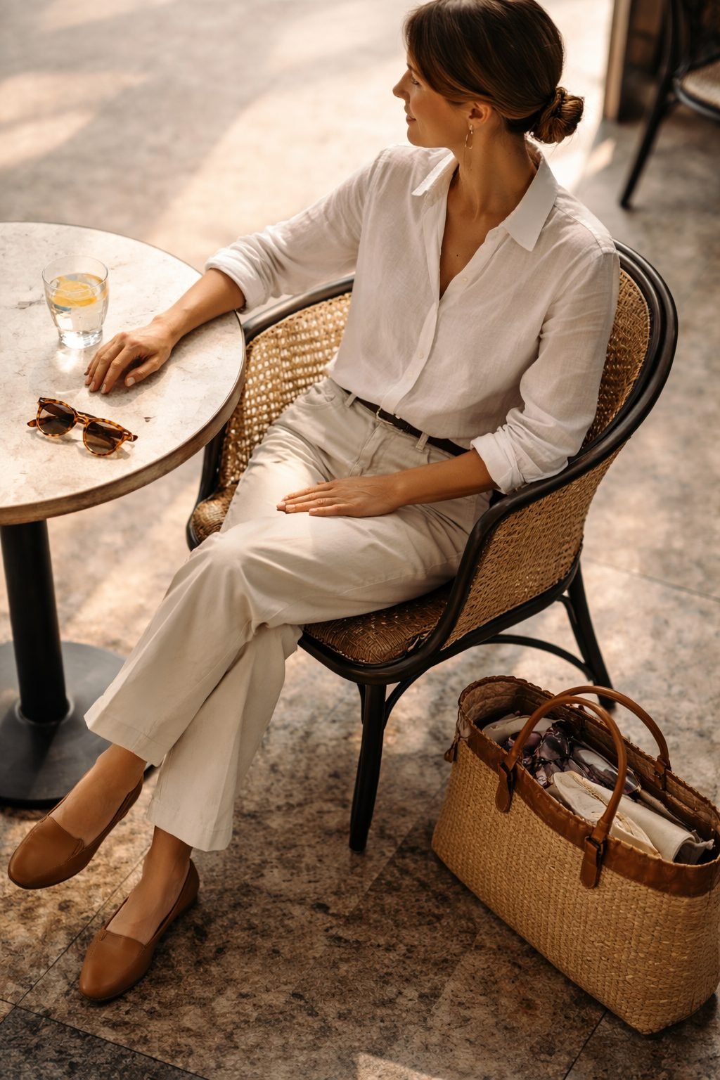Relaxed summer airport outfit with linen shirt and loafers, seated at a café, offering a refined take on How to Dress on a Plane