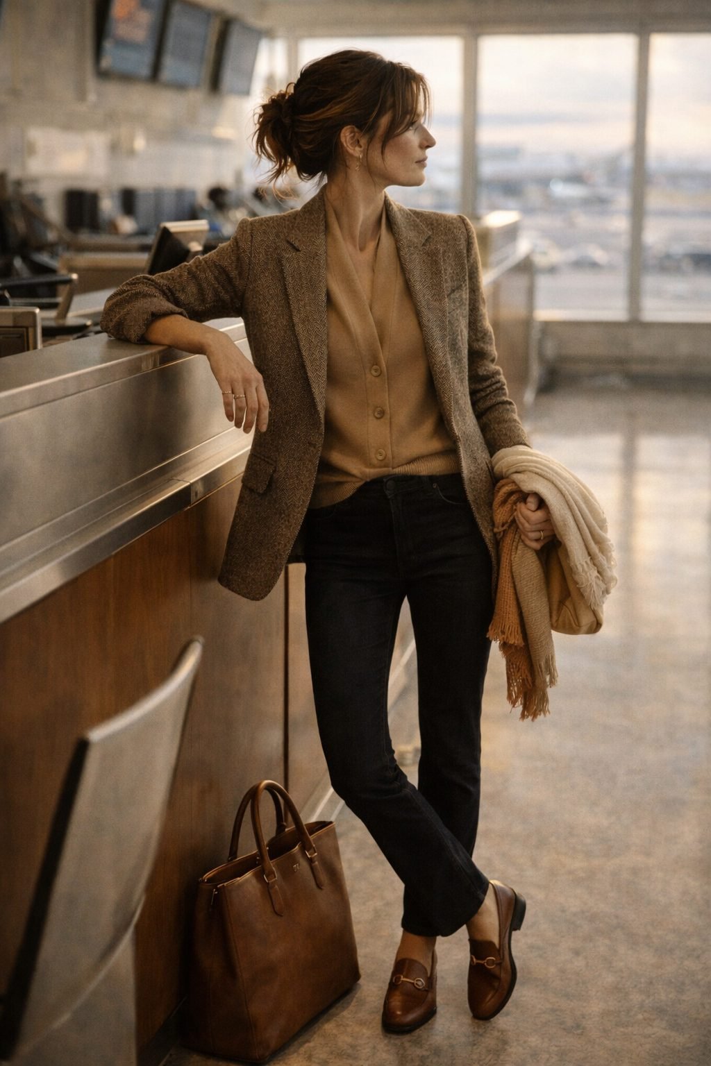 Autumn airport outfit with dark jeans, camel cardigan, tweed blazer, and leather bag, timeless How to Dress on a Plane guide