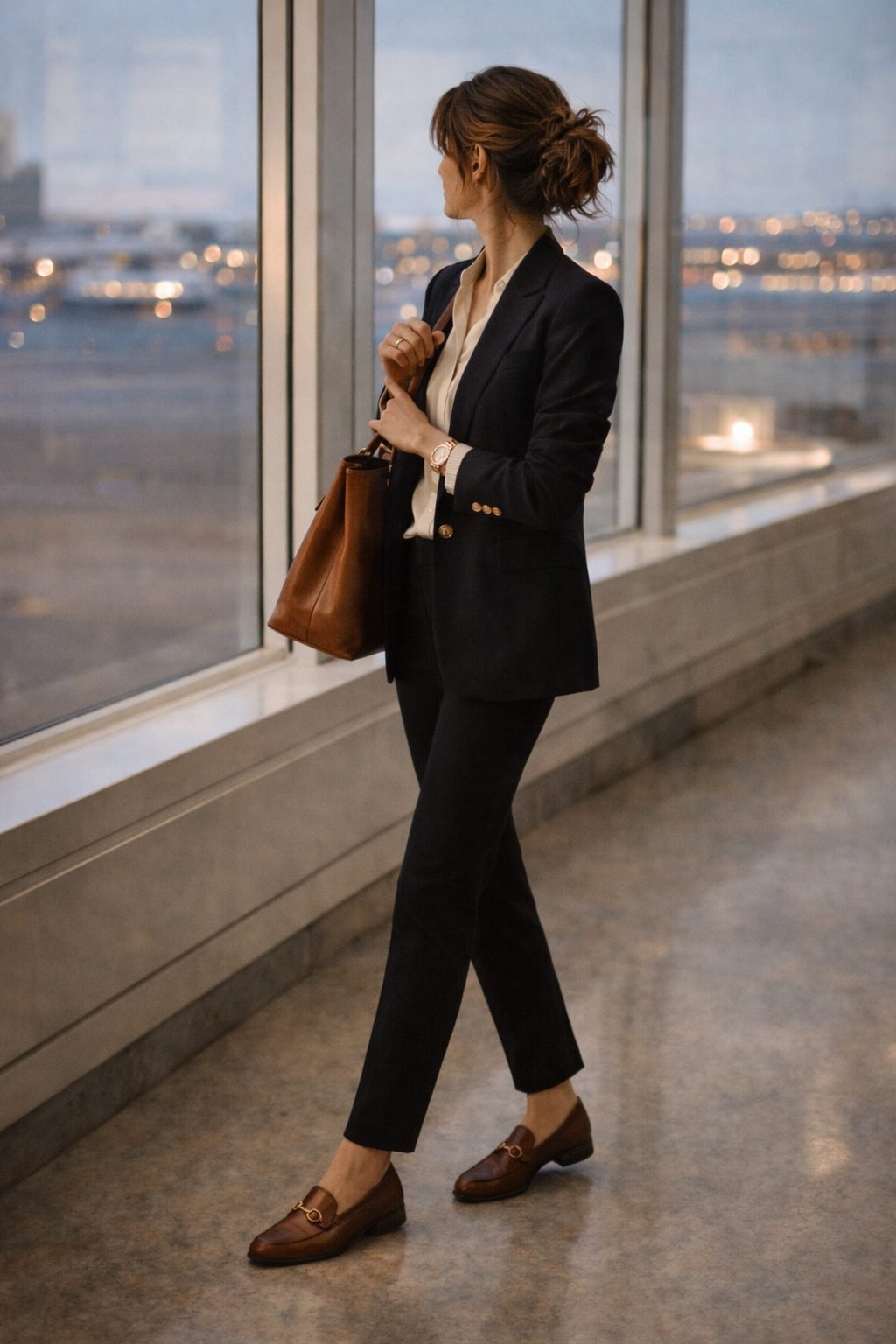 Tailored blazer and trousers worn in an airport terminal, polished yet practical styling that reflects How to Dress on a Plane