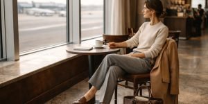How to Dress on a Plane classic airport cafe scene with woman in knit trousers and loafers, calm morning light, leather tote