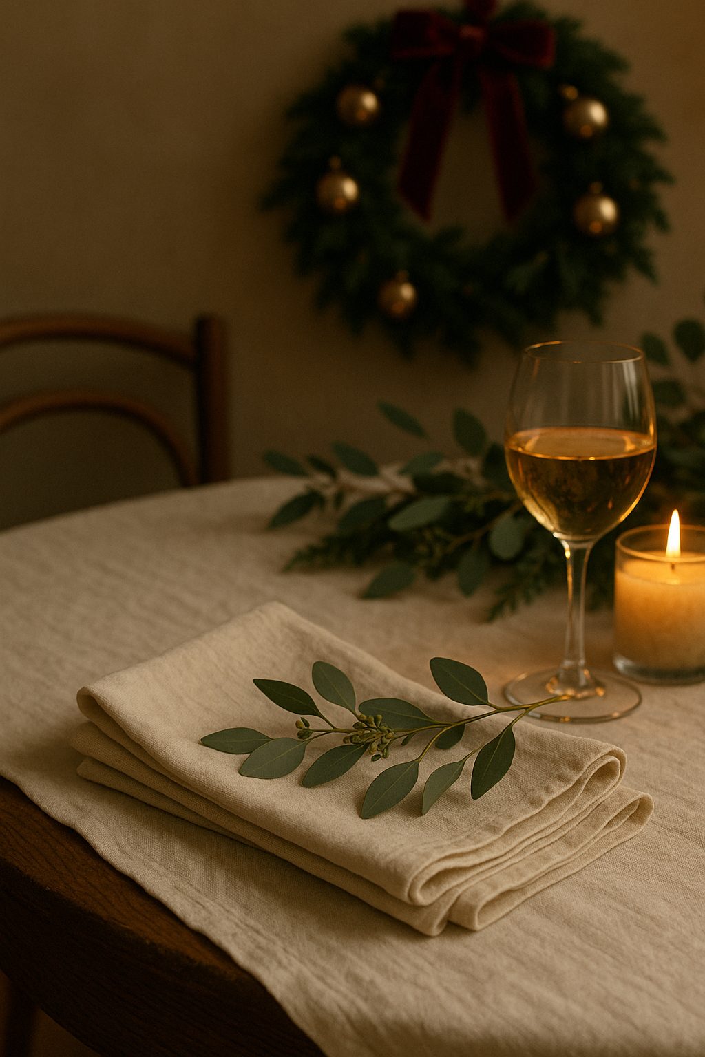 Soft linen table with greenery, candle glow, and wine glass for Old Money Holiday Table Setting Ideas.