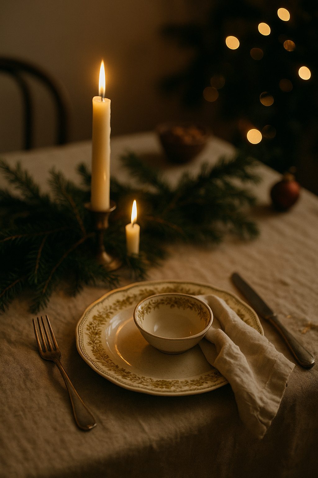 Imperfect holiday table with uneven greenery and crooked candle for Old Money Holiday Table Setting Ideas.