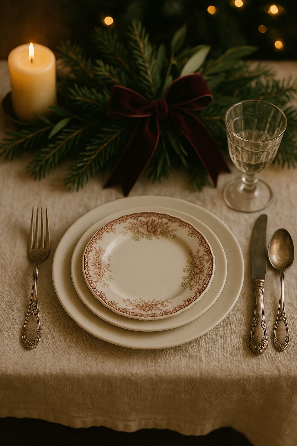 Simple plate setting with linen napkin and soft greenery for Old Money Holiday Table Setting Ideas.