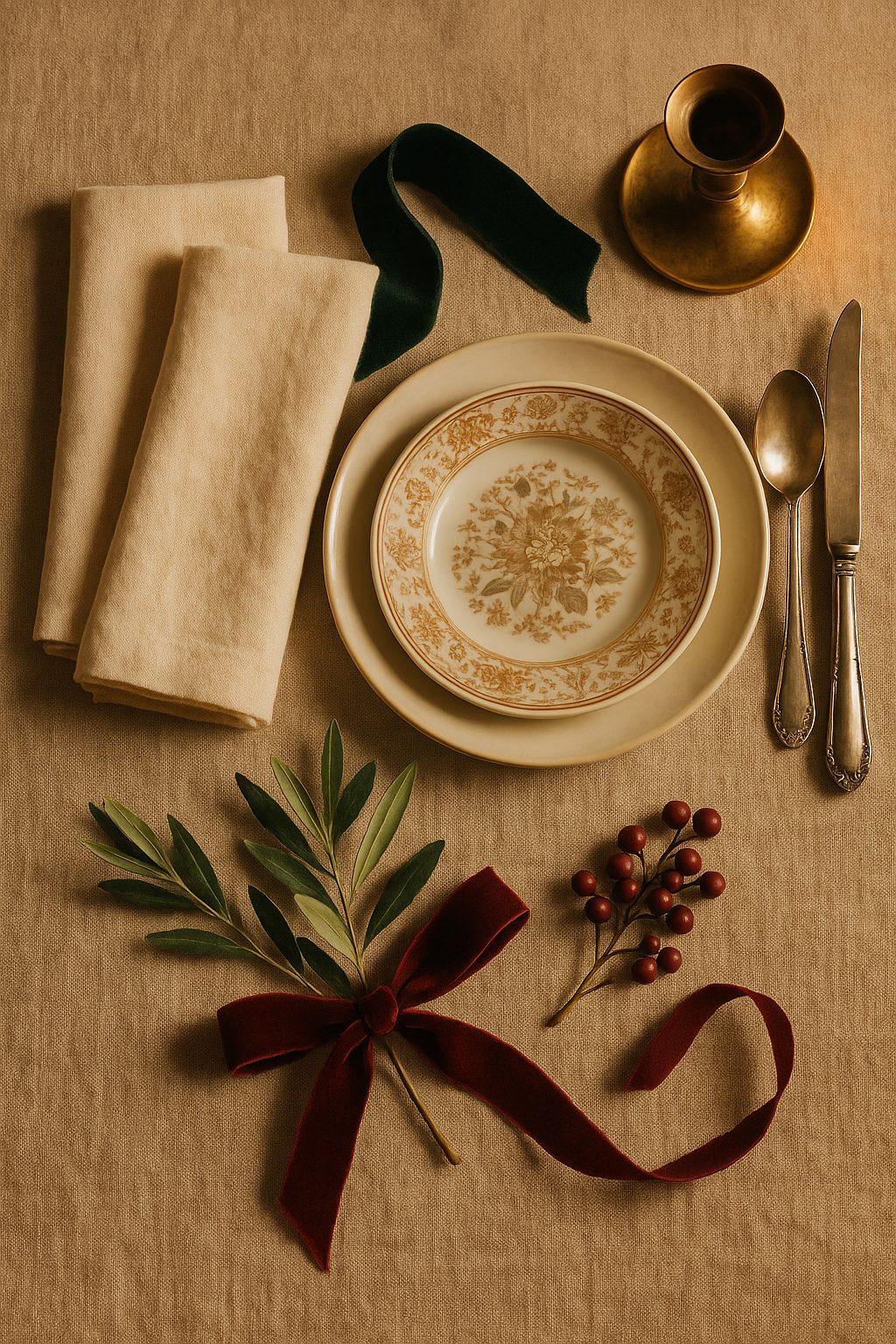 Muted holiday palette with napkins, velvet ribbon, berries, and brass holder for Old Money Holiday Table Setting Ideas.