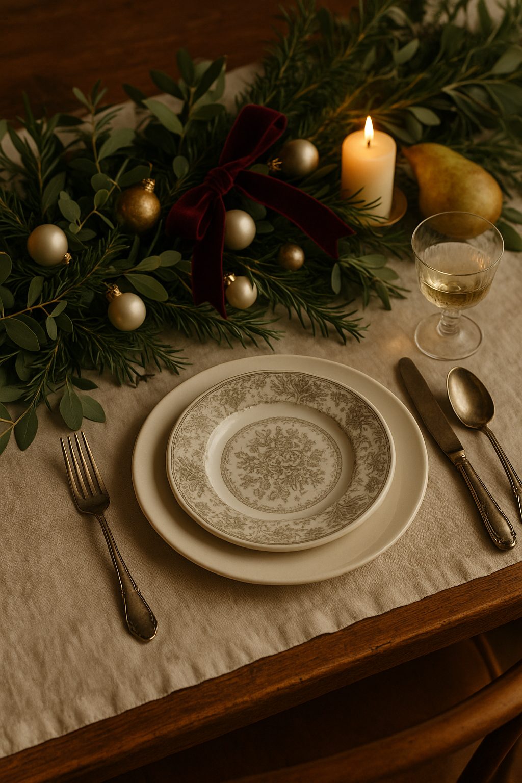 Mixed greenery with gold and white ornaments and a pear centerpiece for Old Money Holiday Table Setting Ideas.