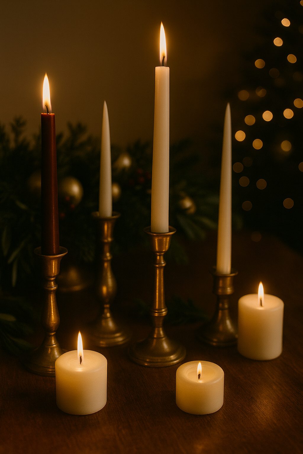 Tall taper candles in brass holders with warm glow and blurred tree for Old Money Holiday Table Setting Ideas.