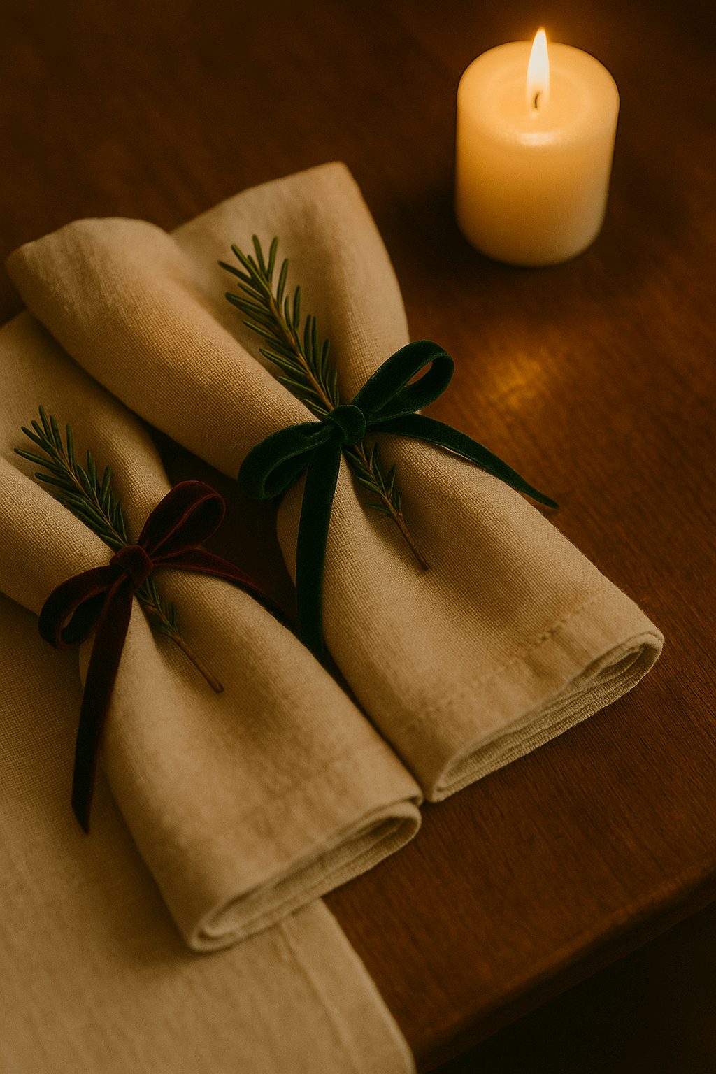 Ivory napkins tied with velvet ribbons and herbs under candlelight for Old Money Holiday Table Setting Ideas.