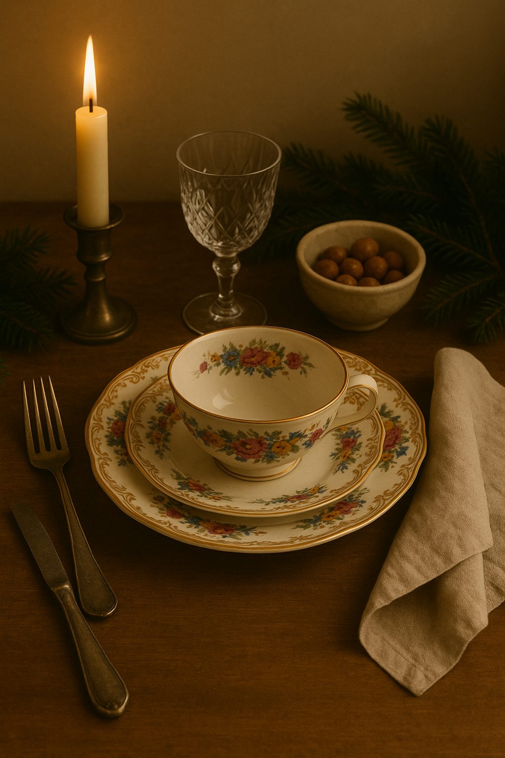 Heirloom plates and vintage silverware beside greenery and candle for Old Money Holiday Table Setting Ideas.