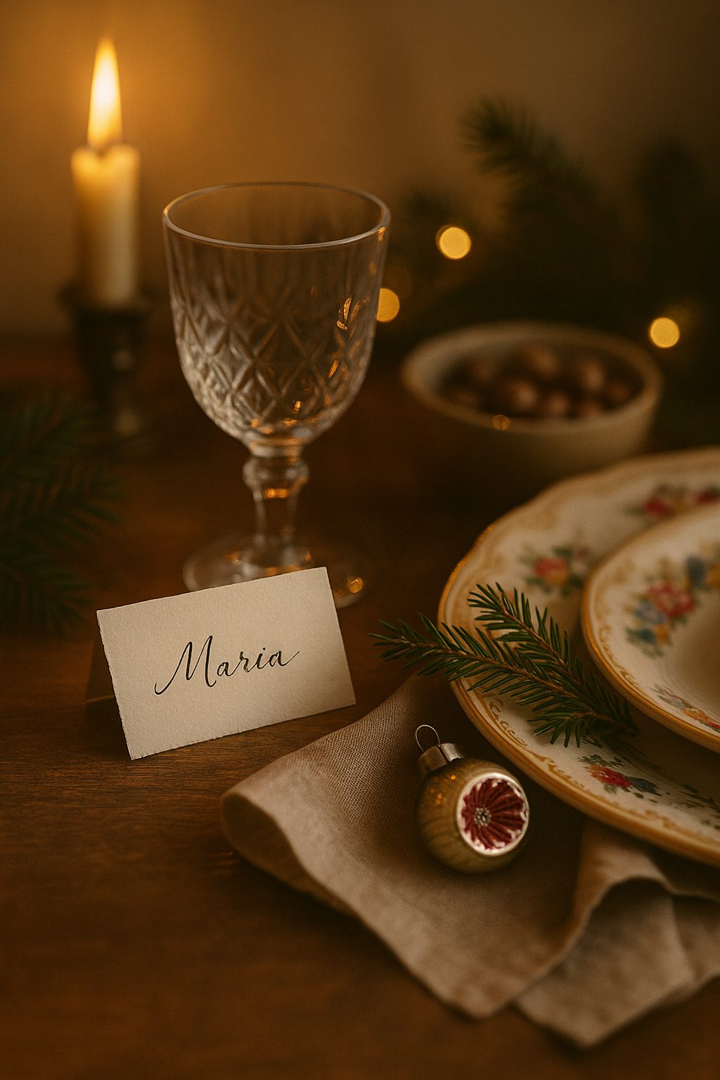 Handwritten place card with small festive decor and warm candle glow for Old Money Holiday Table Setting Ideas.