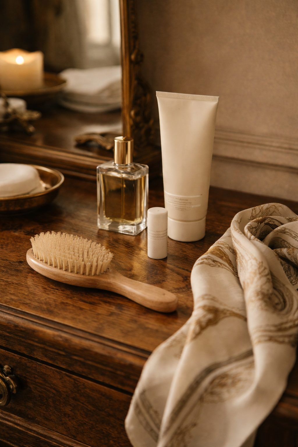 Minimal grooming essentials on a wooden vanity with brush and fragrance, a refined routine for Quiet Luxury Beauty Habits for 2026